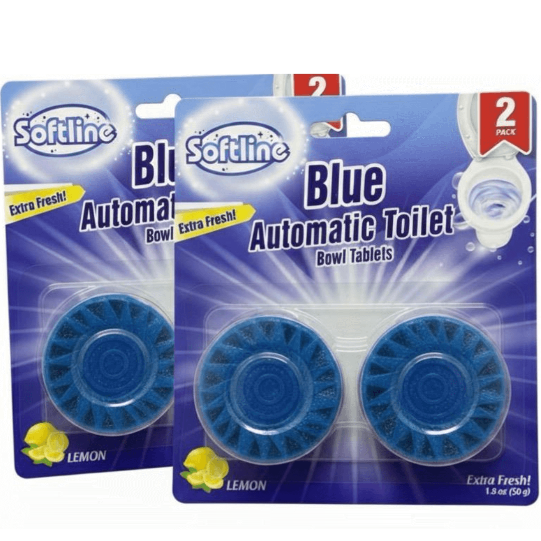 Two packages of Softline Blue Automatic Toilet Bowl Tablets on a white background