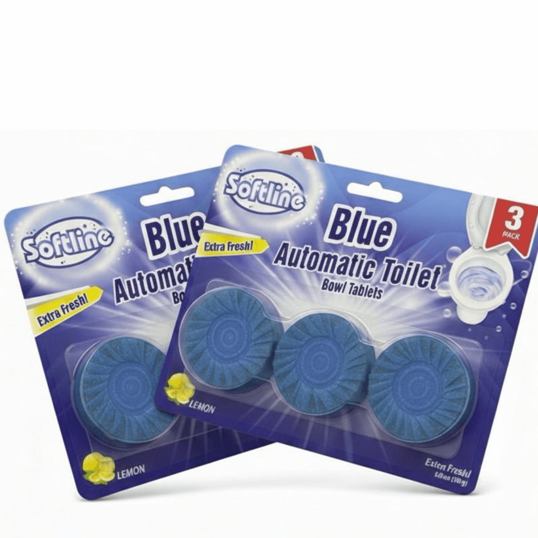 Two packages of Softline Blue Automatic Toilet Bowl Tablets on a white background