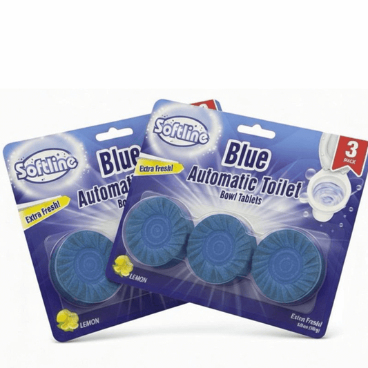 Two packages of Softline Blue Automatic Toilet Bowl Tablets on a white background