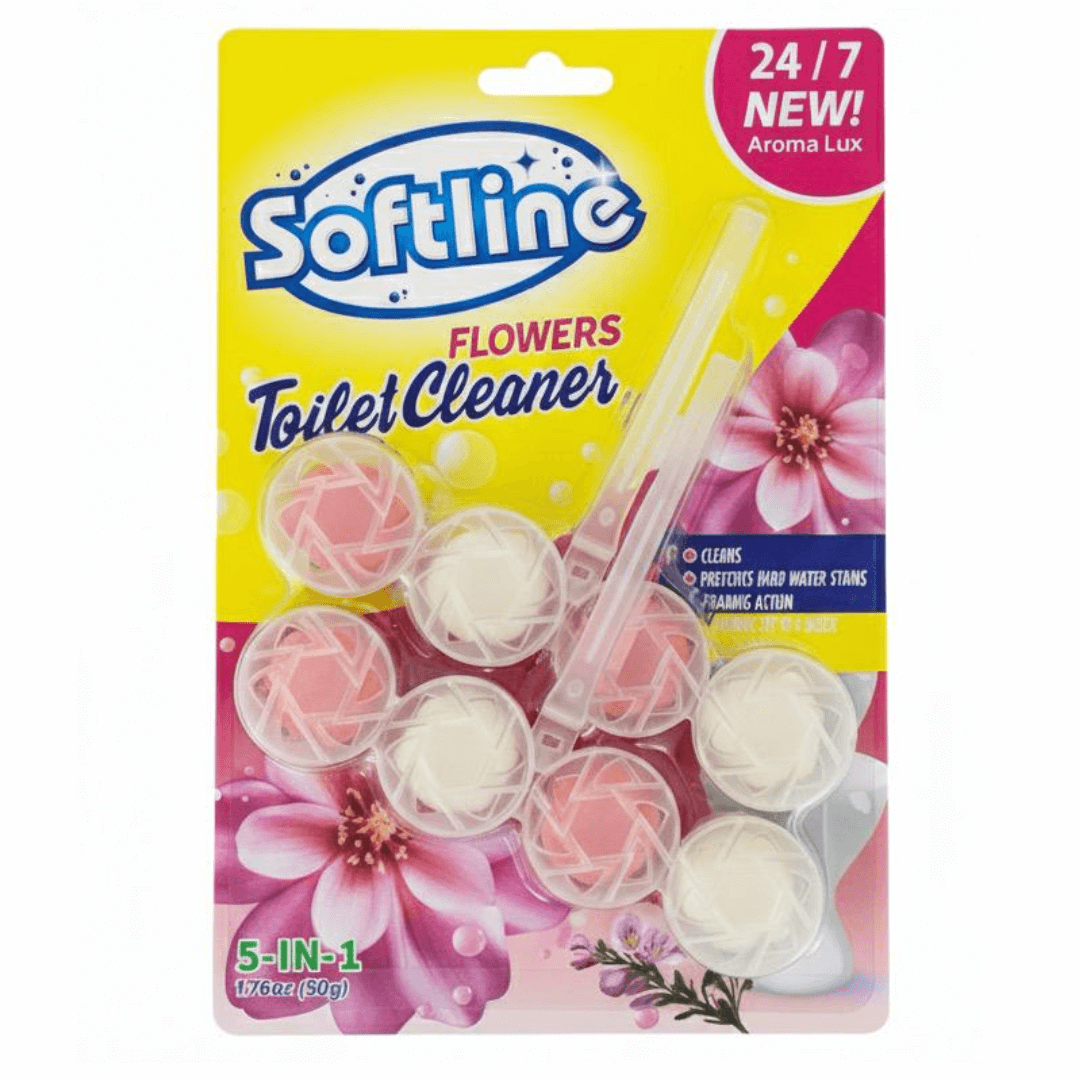 Softline Flowers Toilet Cleaner packaging with floral design and product image.