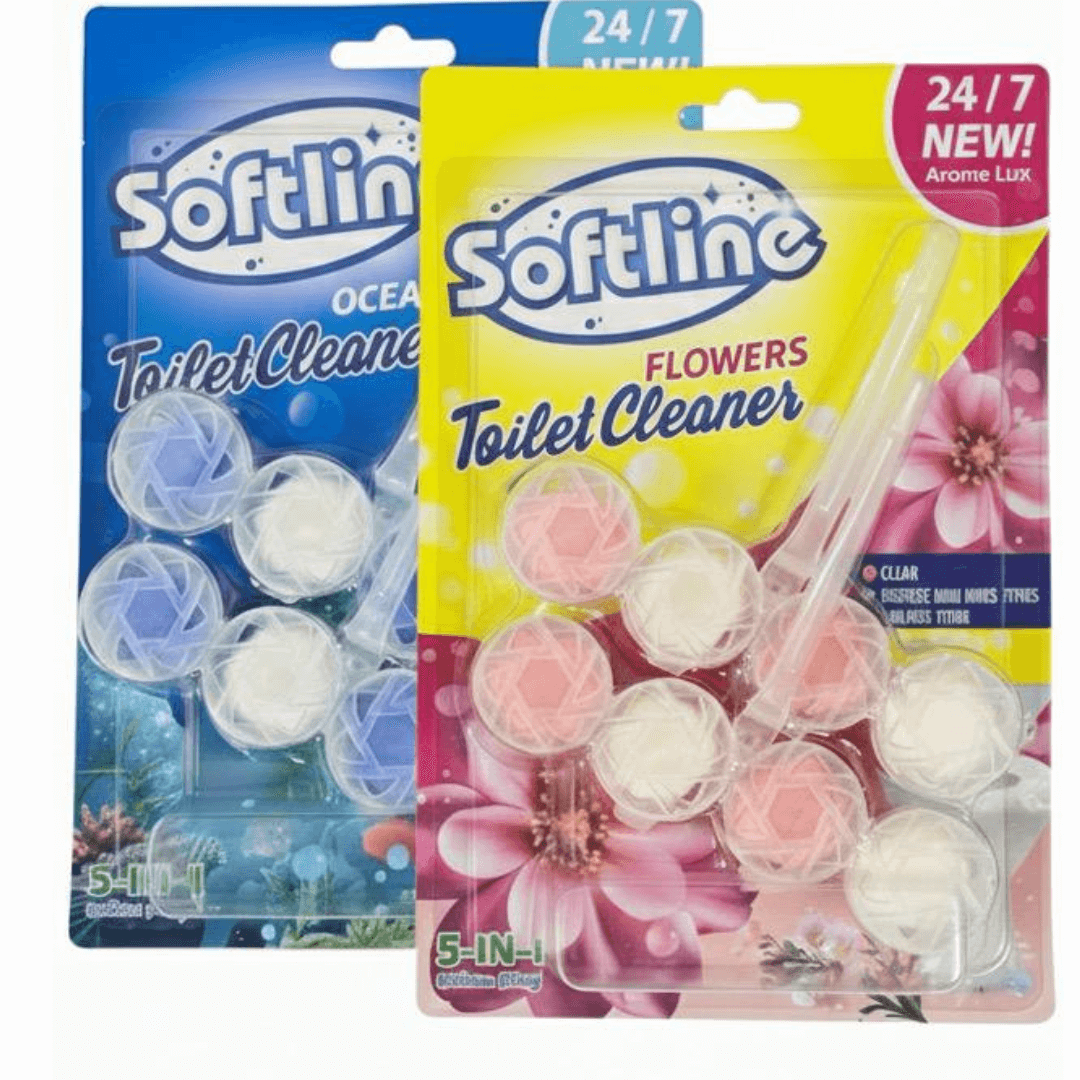 Two packages of Softline toilet cleaners, one blue and one yellow with floral design.