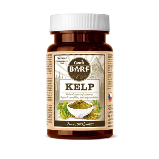 Bottle of Canvit Bärf Kelp supplement on a white background