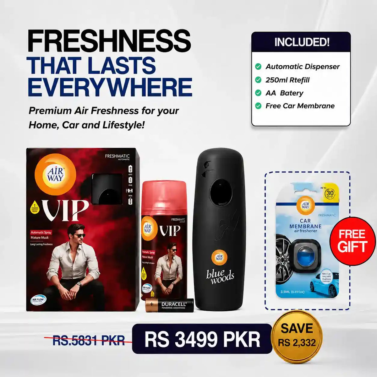 Airway Automatic Air Freshener Machine with Refill+Free Car Air Refreshener  VIP Edition | Perfume Based Fragrance