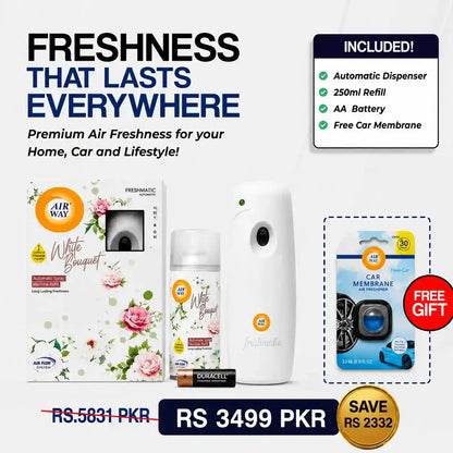 Airway Automatic Air Freshener Machine with Refill+Free Car Air Refreshener - White Bouquet | Flower Based Fragrance