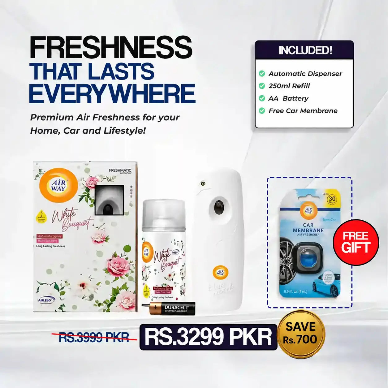 Airway Automatic Air Freshener Machine with Refill+Free Car Air Refreshener - White Bouquet | Flower Based Fragrance