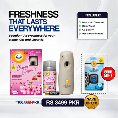 Airway Automatic Air Freshener Machine with Refill+Free Car Air Refreshener – Cherry Blossom | Flower Based Fragrance - Long Lasting Freshness