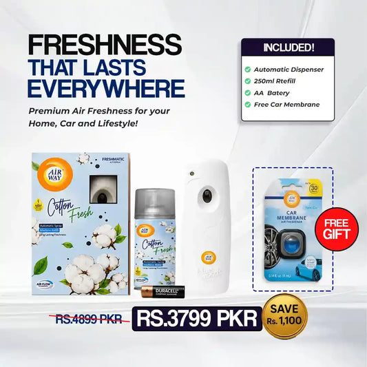 Airway Automatic Air Freshener Machine with Refill+Free Car Air Freshener - Cotton Fresh | Flower Based Fragrance